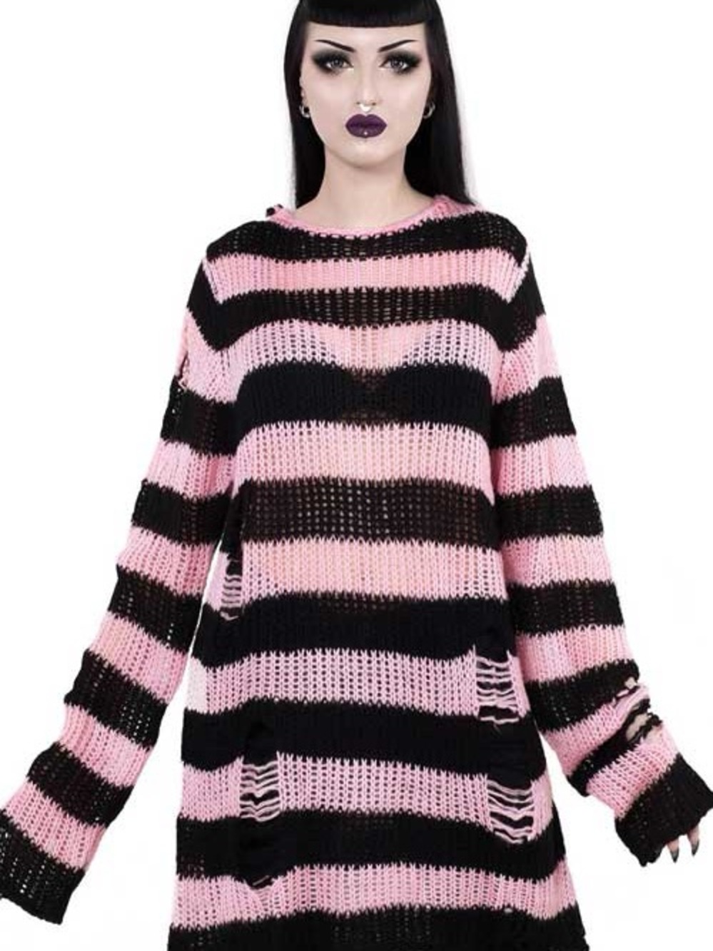 Killstar Pink and Black Striped Distressed Open-Knit Sweater